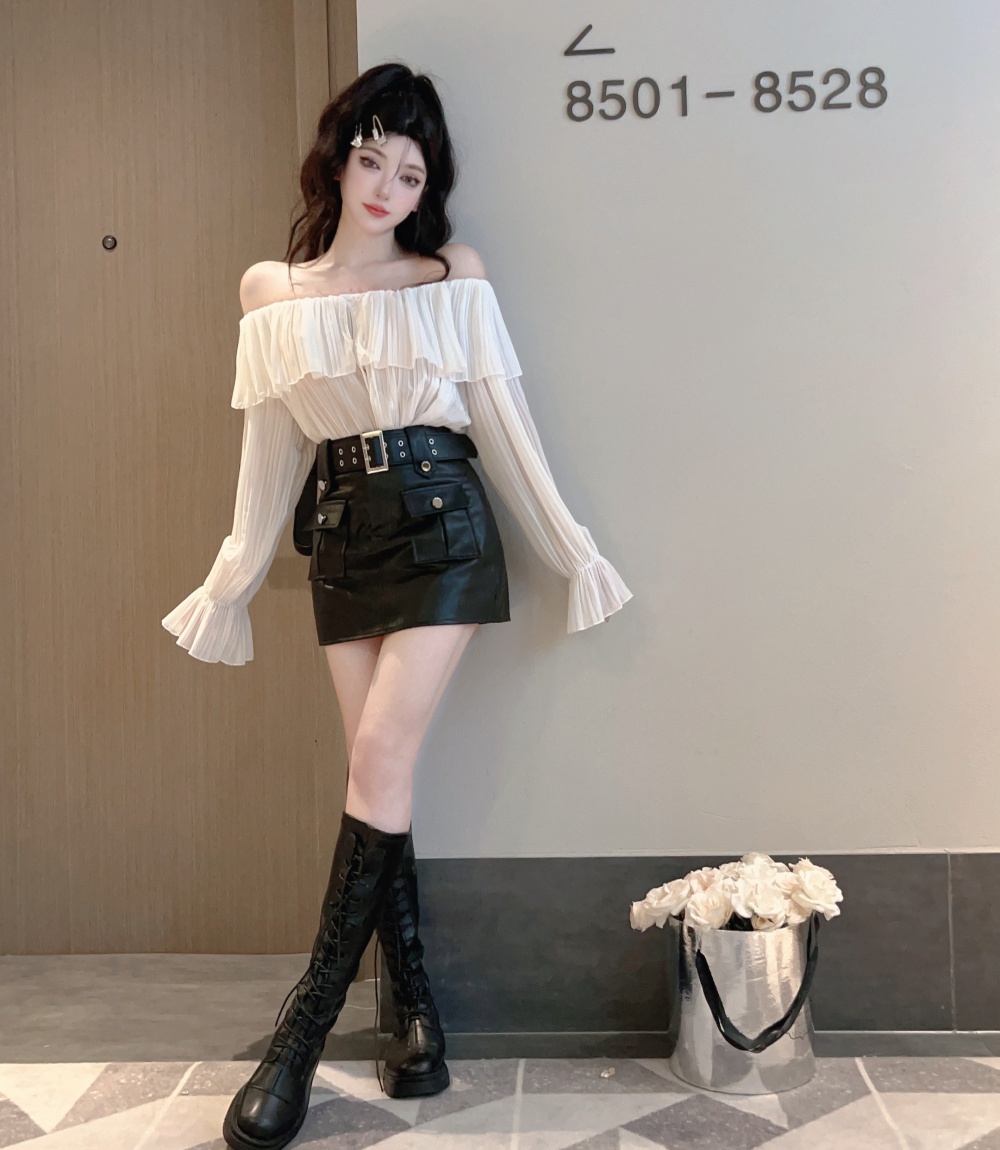 Trumpet sleeves tops flat shoulder skirt 2pcs set