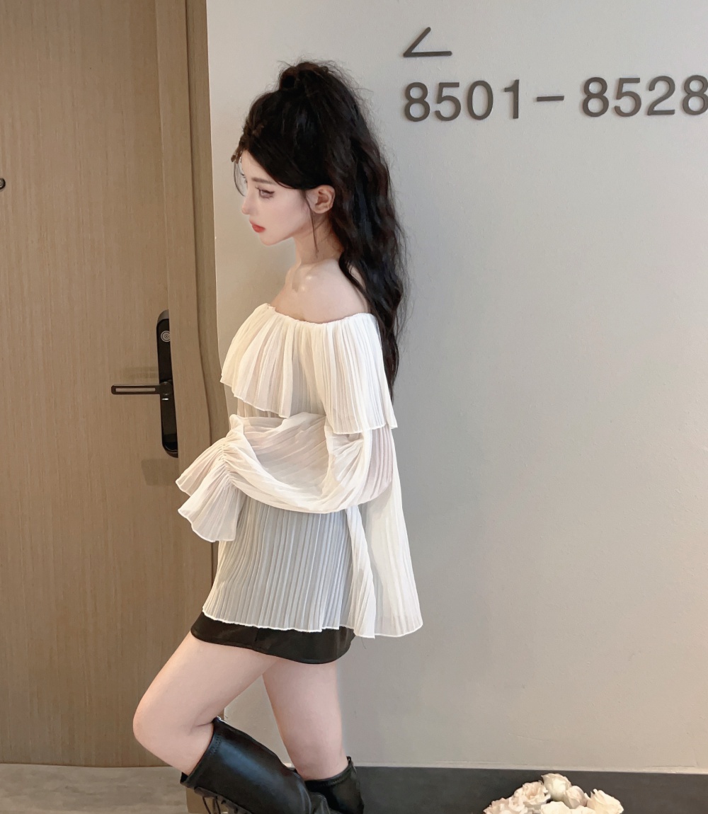 Trumpet sleeves tops flat shoulder skirt 2pcs set