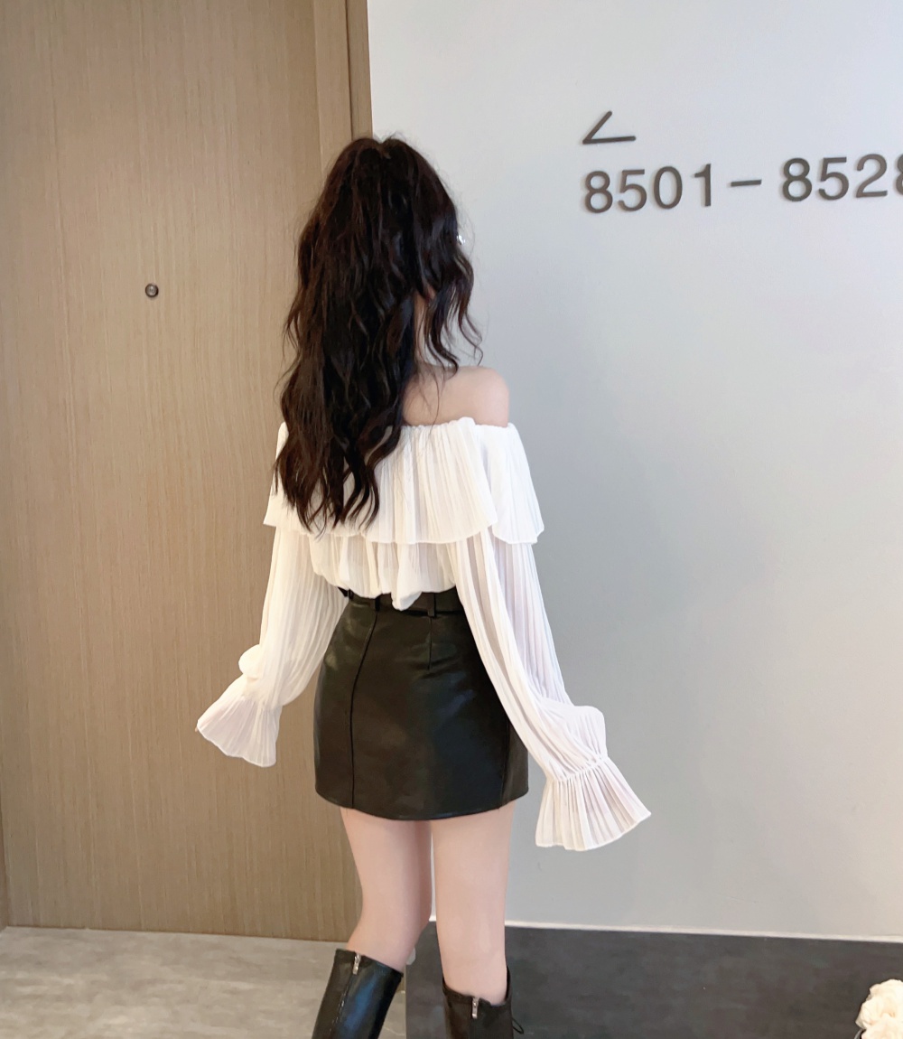 Trumpet sleeves tops flat shoulder skirt 2pcs set