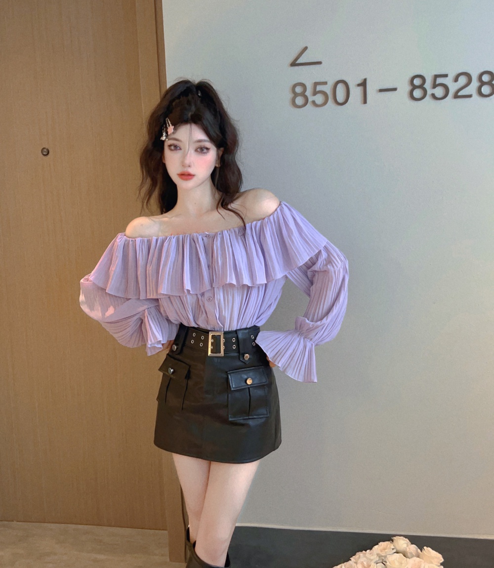 Trumpet sleeves tops flat shoulder skirt 2pcs set