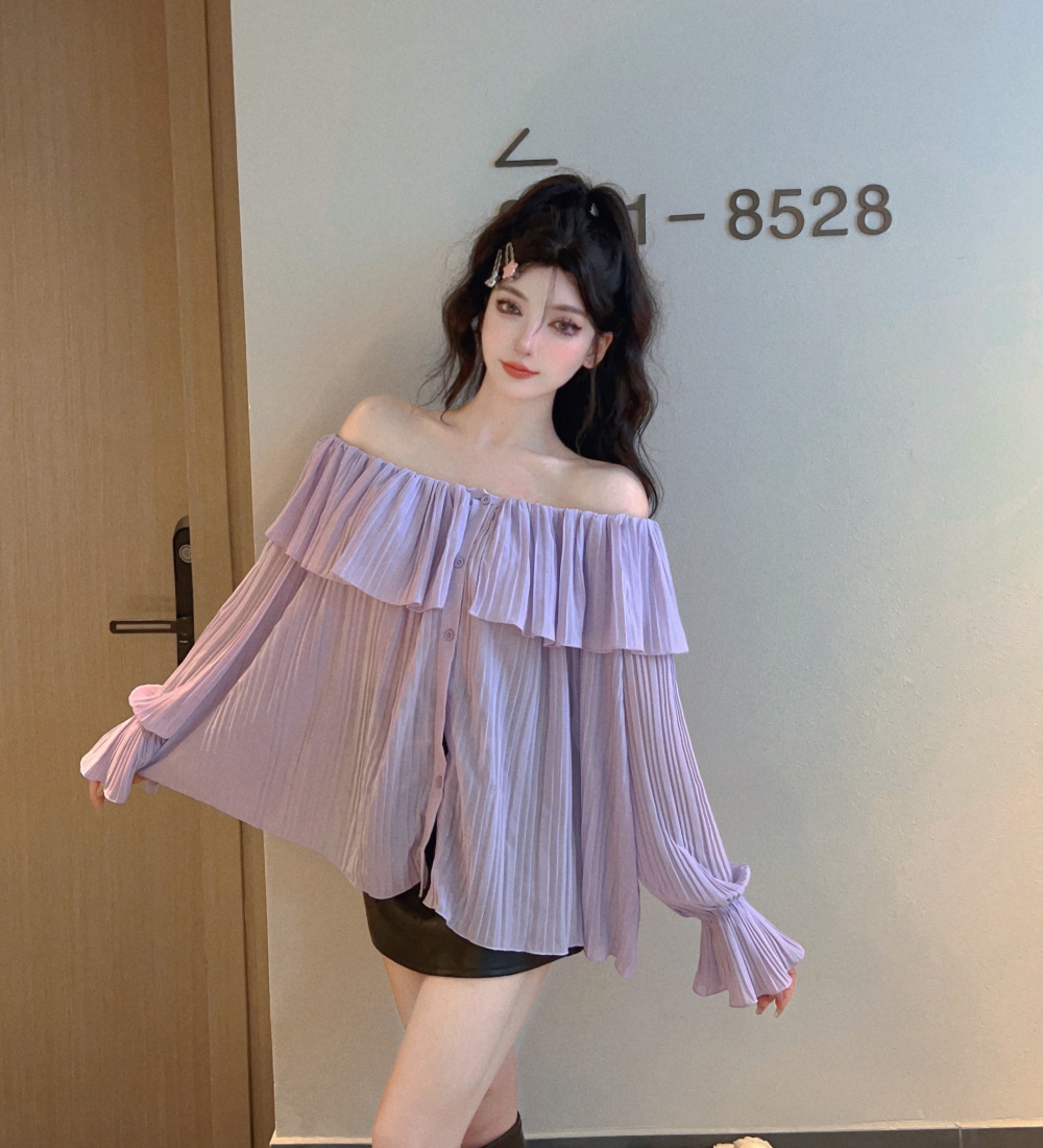 Trumpet sleeves tops flat shoulder skirt 2pcs set