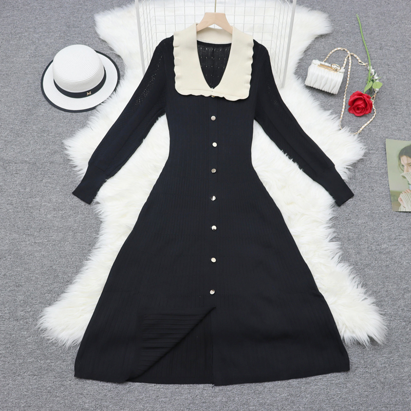 Pinched waist long sleeve long ladies dress