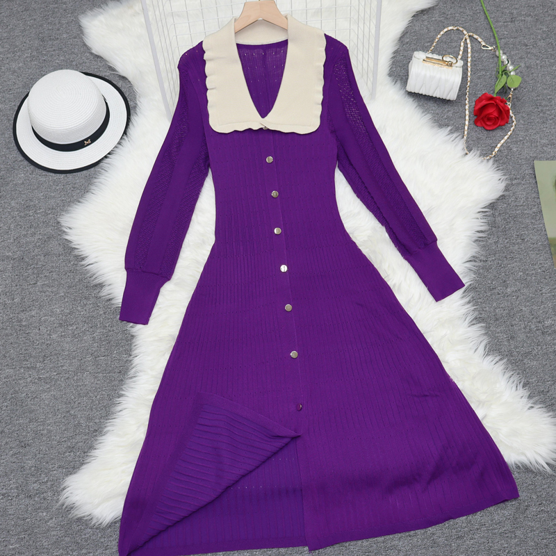 Pinched waist long sleeve long ladies dress