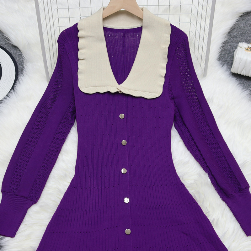 Pinched waist long sleeve long ladies dress