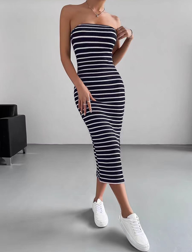 Knitted flat shoulder summer ladies long stripe dress