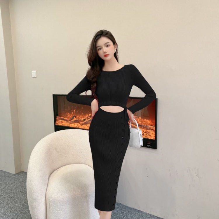 Drawstring sexy split ladies autumn and winter dress