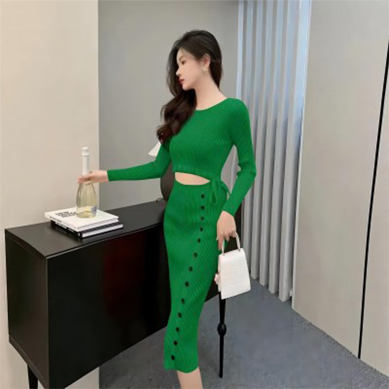 Drawstring sexy split ladies autumn and winter dress