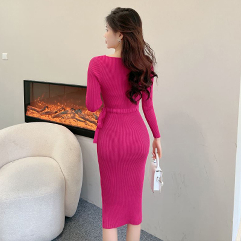 Drawstring sexy split ladies autumn and winter dress