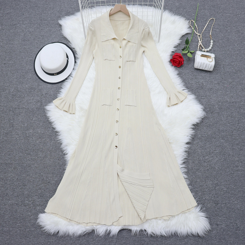 Pinched waist temperament long sleeve France style dress