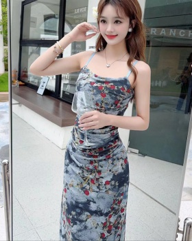 Chinese style split summer long dress slim sling dress