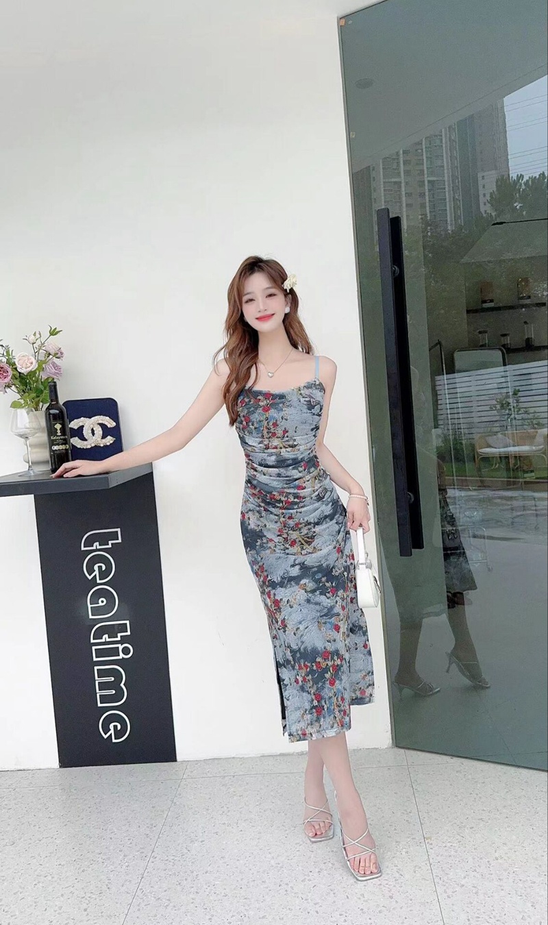 Chinese style split summer long dress slim sling dress