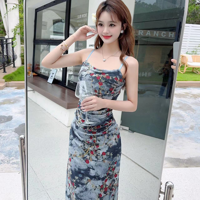 Chinese style split summer long dress slim sling dress