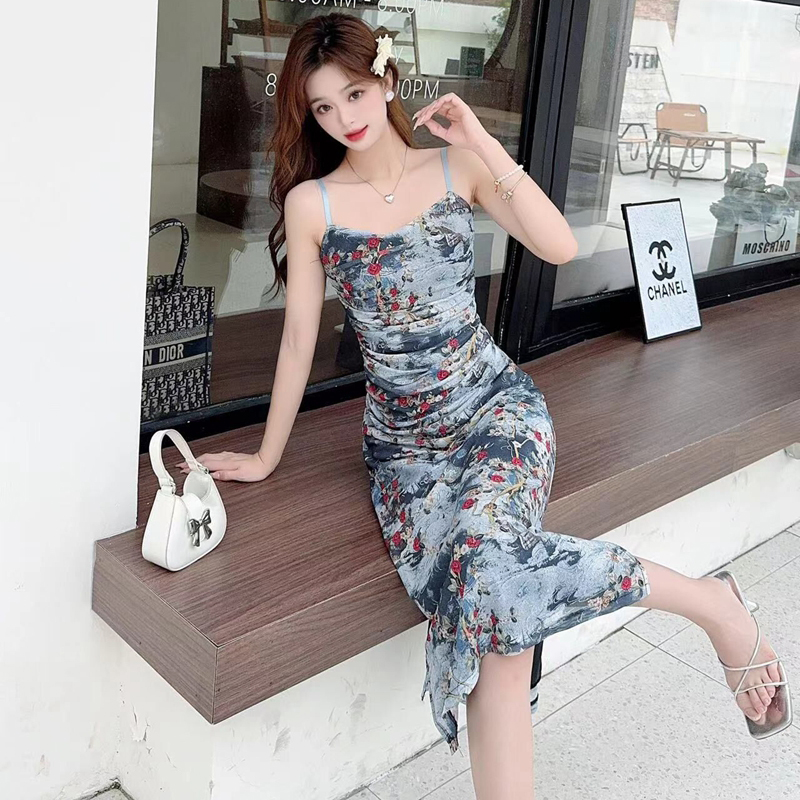 Chinese style split summer long dress slim sling dress