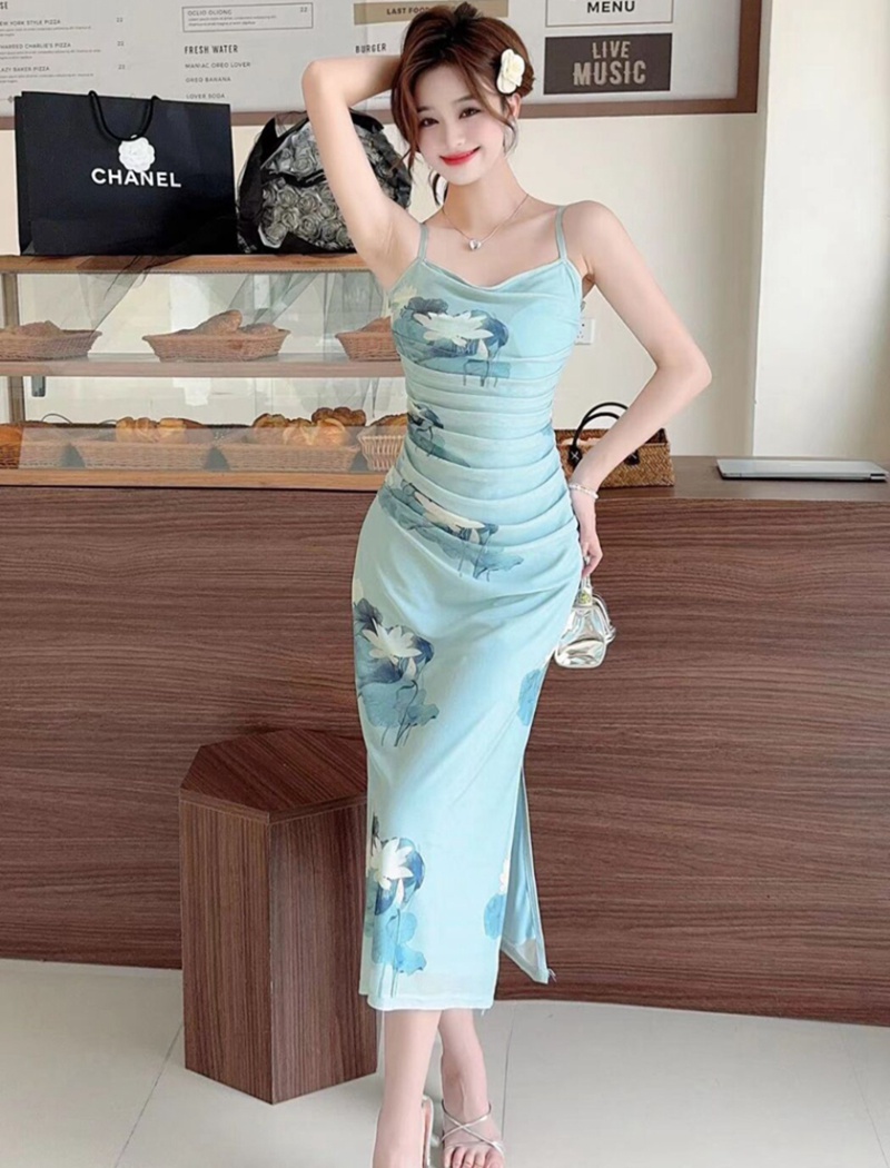 Chinese style split summer long dress slim sling dress