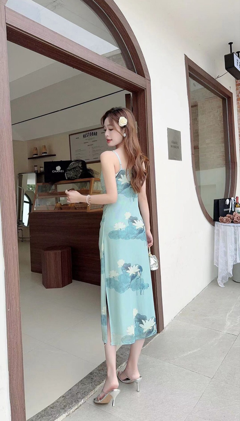 Chinese style split summer long dress slim sling dress