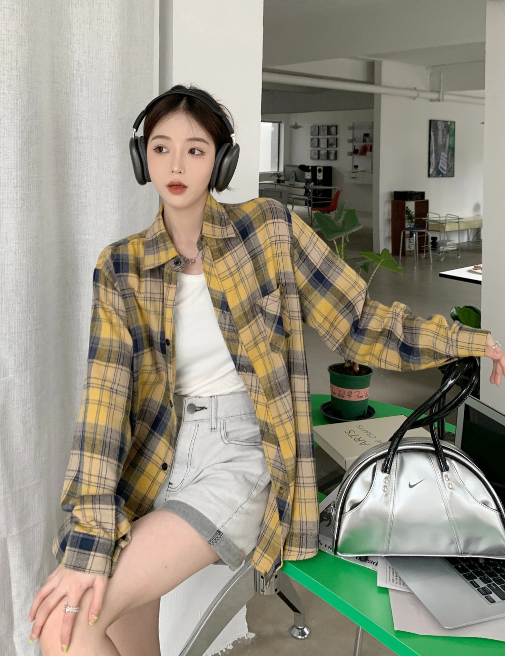 Loose long Korean style plaid shirt