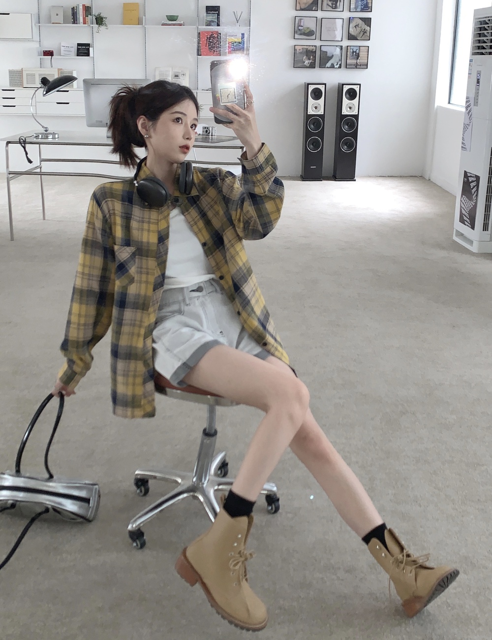 Loose long Korean style plaid shirt