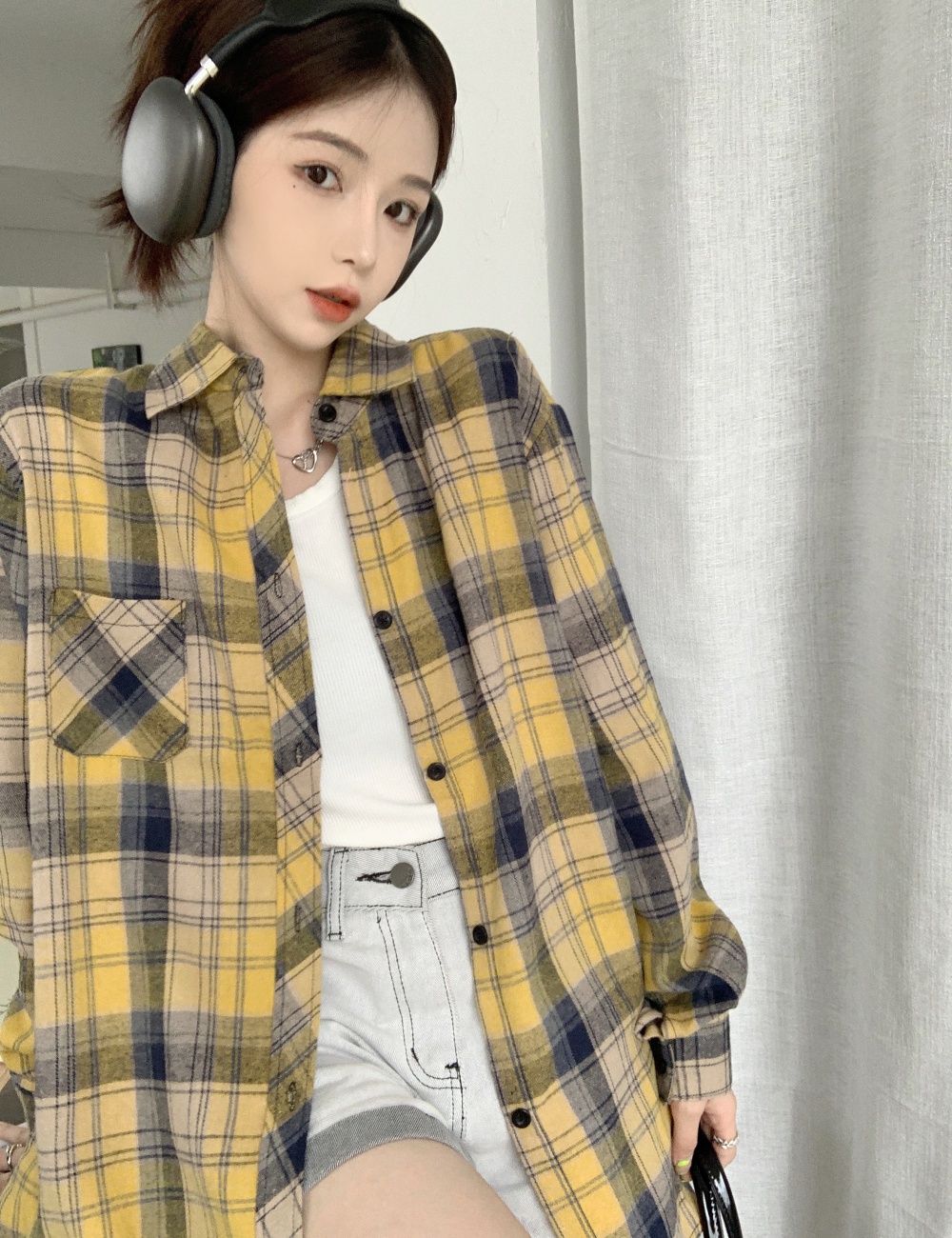 Loose long Korean style plaid shirt