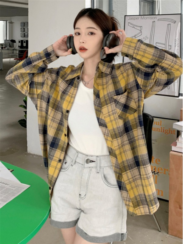 Loose long Korean style plaid shirt