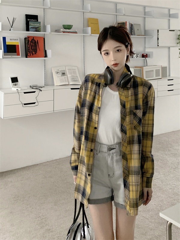 Loose long Korean style plaid shirt