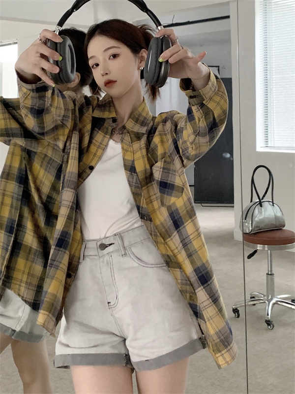 Loose long Korean style plaid shirt