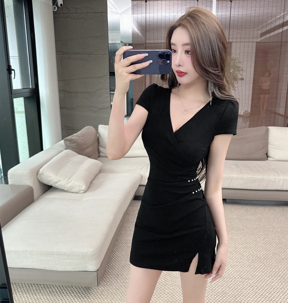 Low-cut V-neck T-back slim package hip dress