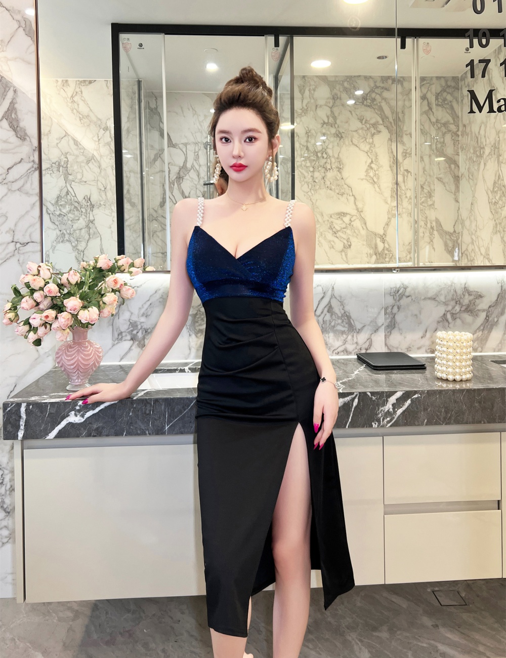 Split long liangsi formal dress retro slim dress