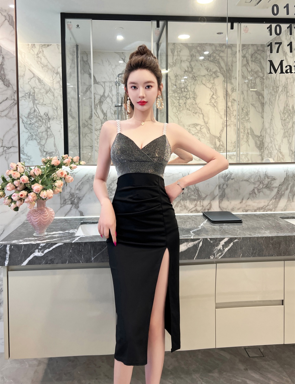 Split long liangsi formal dress retro slim dress