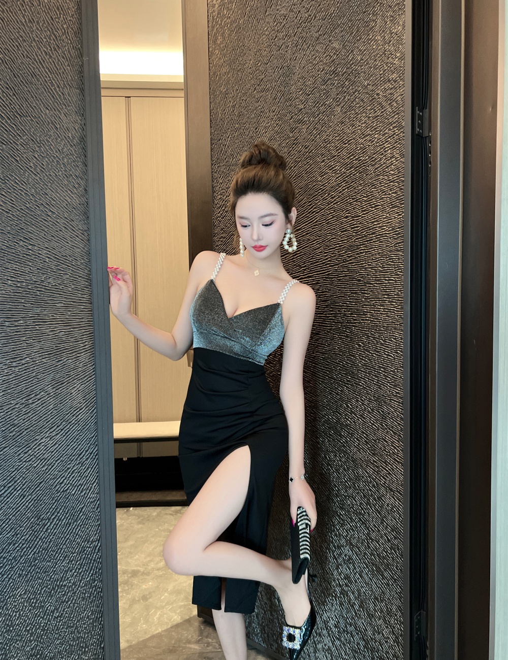 Split long liangsi formal dress retro slim dress