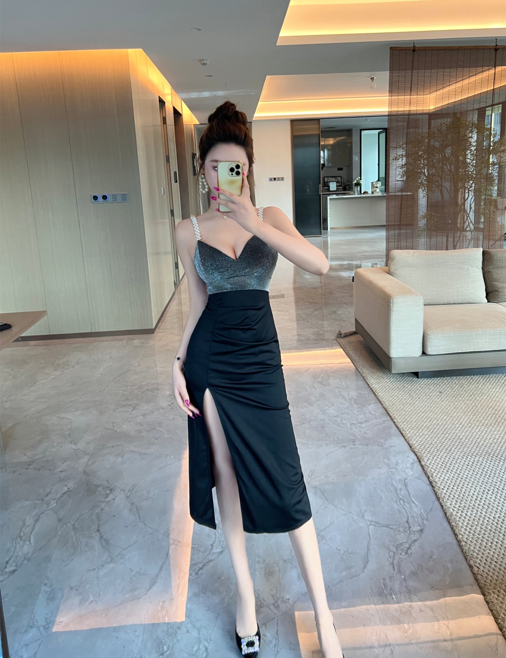 Split long liangsi formal dress retro slim dress