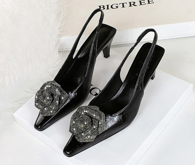 Pointed low flowers rhinestone high-heeled shoes for women