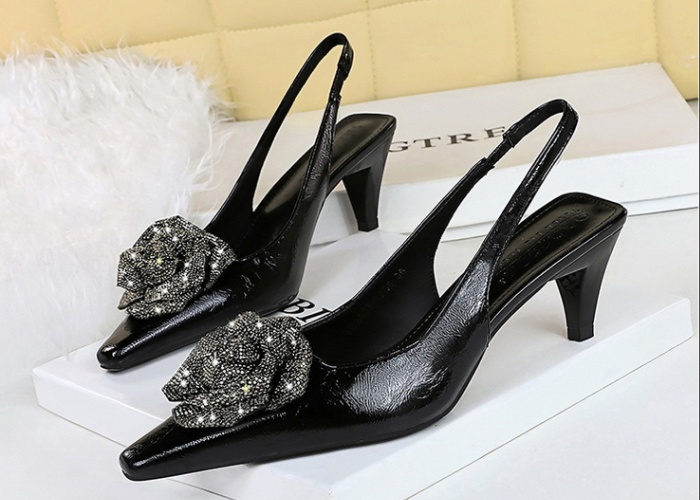 Pointed low flowers rhinestone high-heeled shoes for women