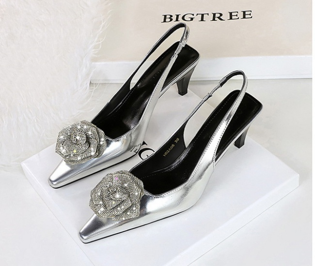 Pointed low flowers rhinestone high-heeled shoes for women