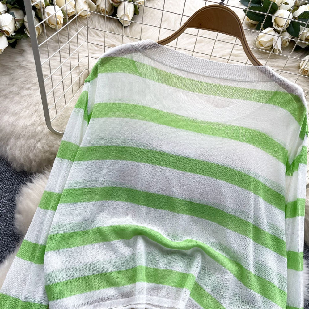 Thin stripe smock round neck all-match sweater for women