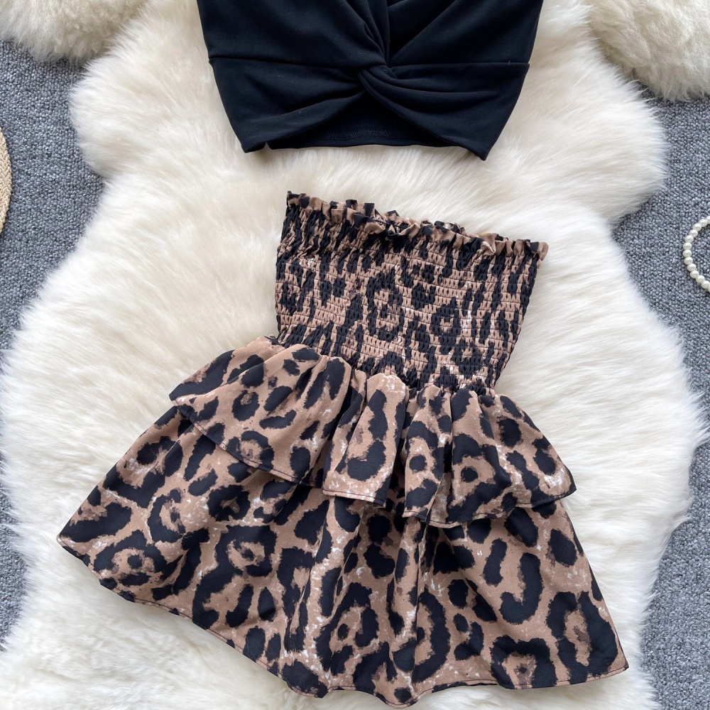 Summer fold short skirt leopard tops a set for women