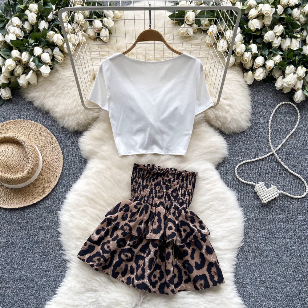 Summer fold short skirt leopard tops a set for women