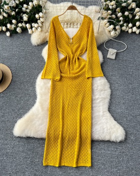 Knitted V-neck long sleeve dress speaker long smock