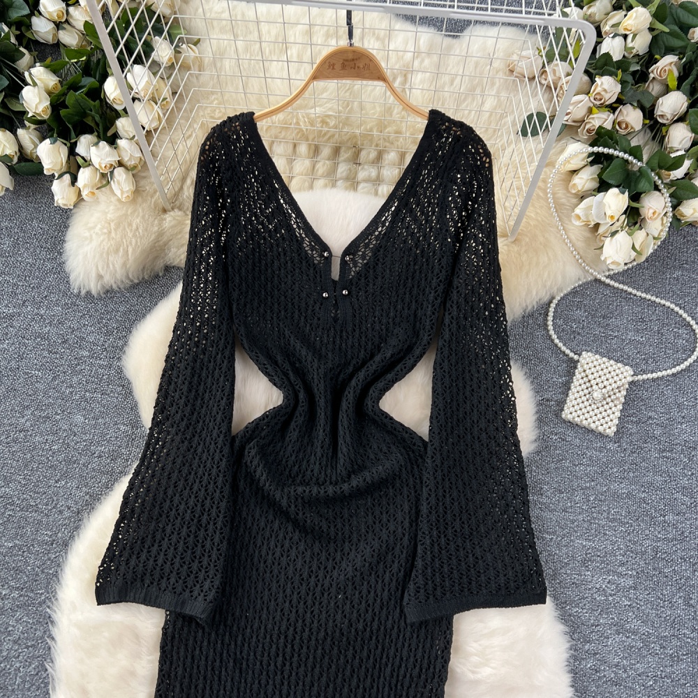 Knitted V-neck long sleeve dress speaker long smock