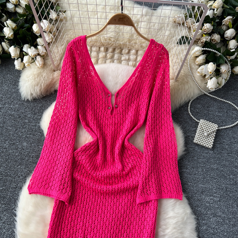 Knitted V-neck long sleeve dress speaker long smock