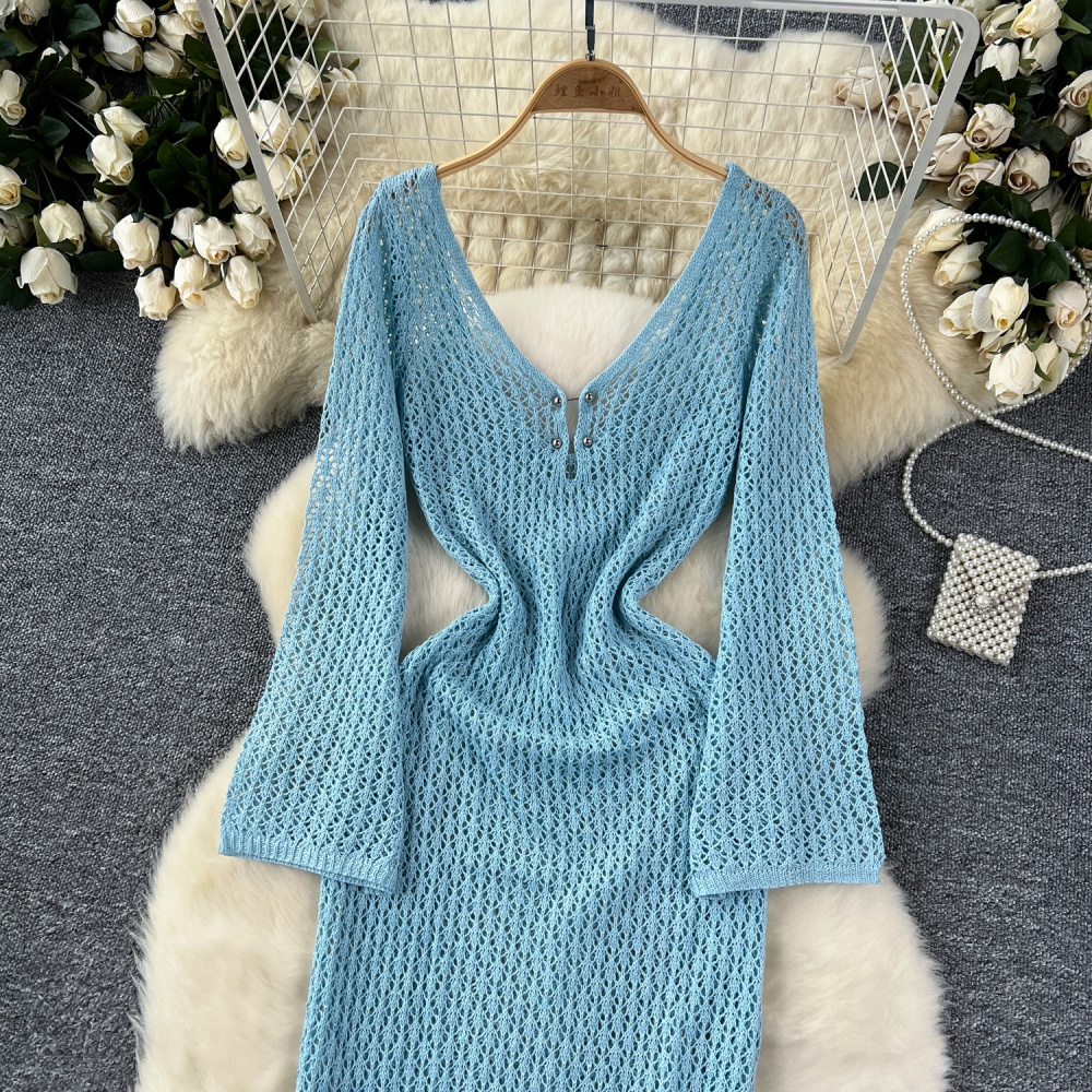 Knitted V-neck long sleeve dress speaker long smock