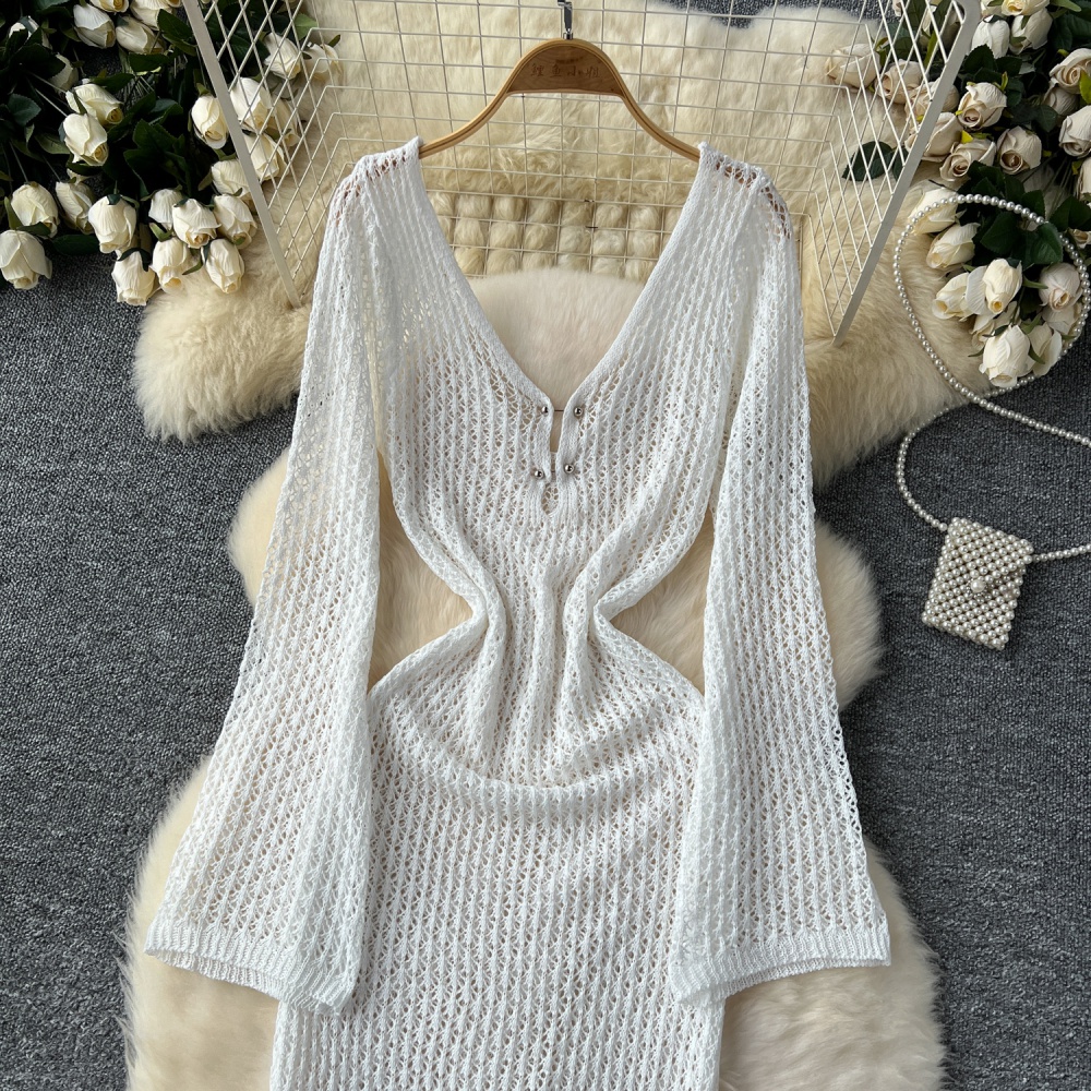 Knitted V-neck long sleeve dress speaker long smock