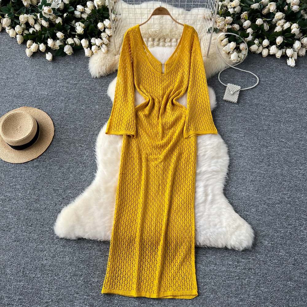 Knitted V-neck long sleeve dress speaker long smock