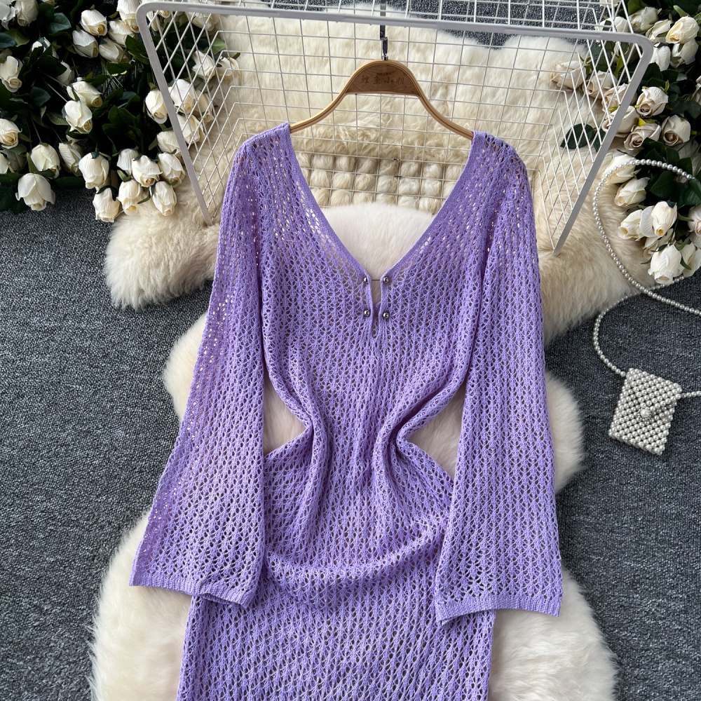 Knitted V-neck long sleeve dress speaker long smock