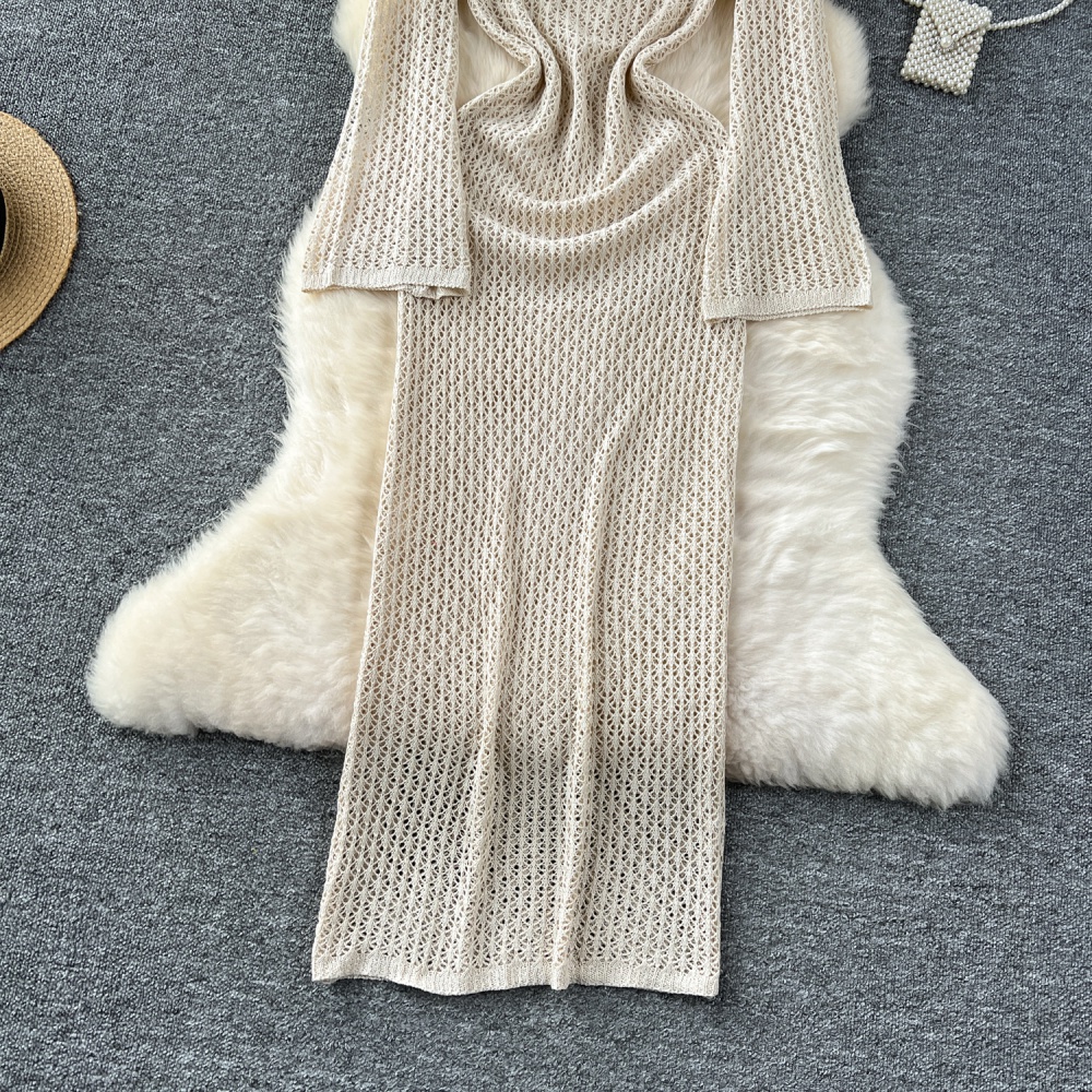 Knitted V-neck long sleeve dress speaker long smock