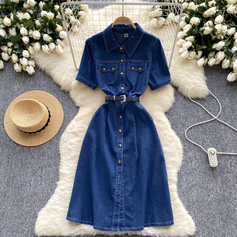 Short sleeve pinched waist dress slim belt for women