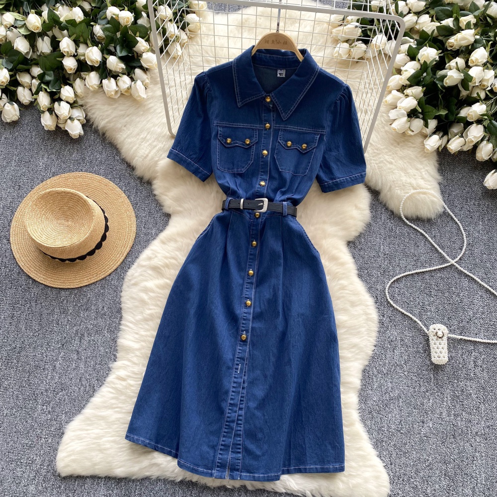 Short sleeve pinched waist dress slim belt for women