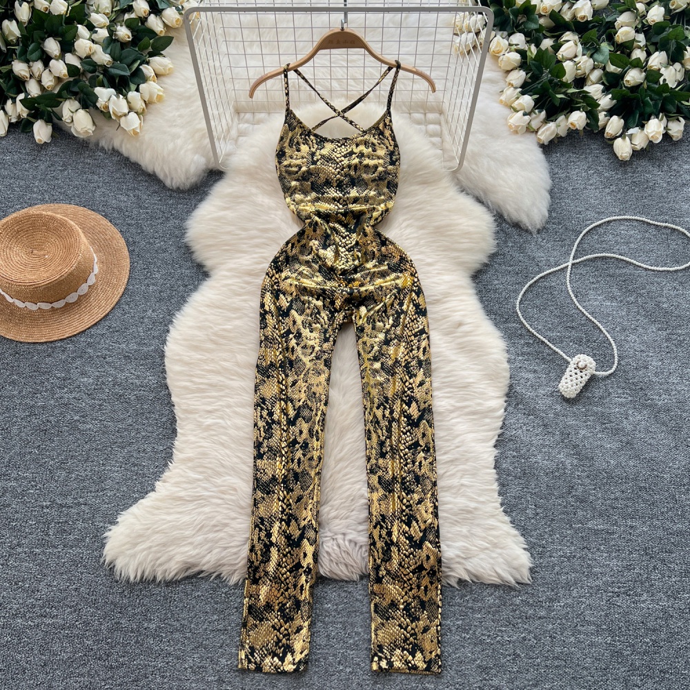 Temperament European style leotard sling bronzing jumpsuit