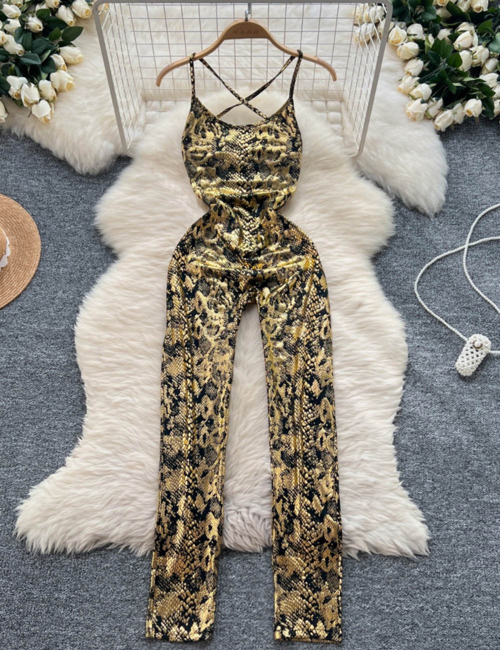 Temperament European style leotard sling bronzing jumpsuit