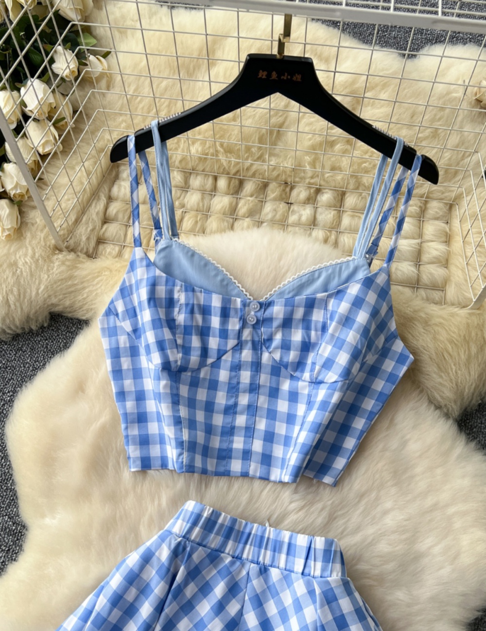 High waist summer plaid tops sweet big skirt skirt a set