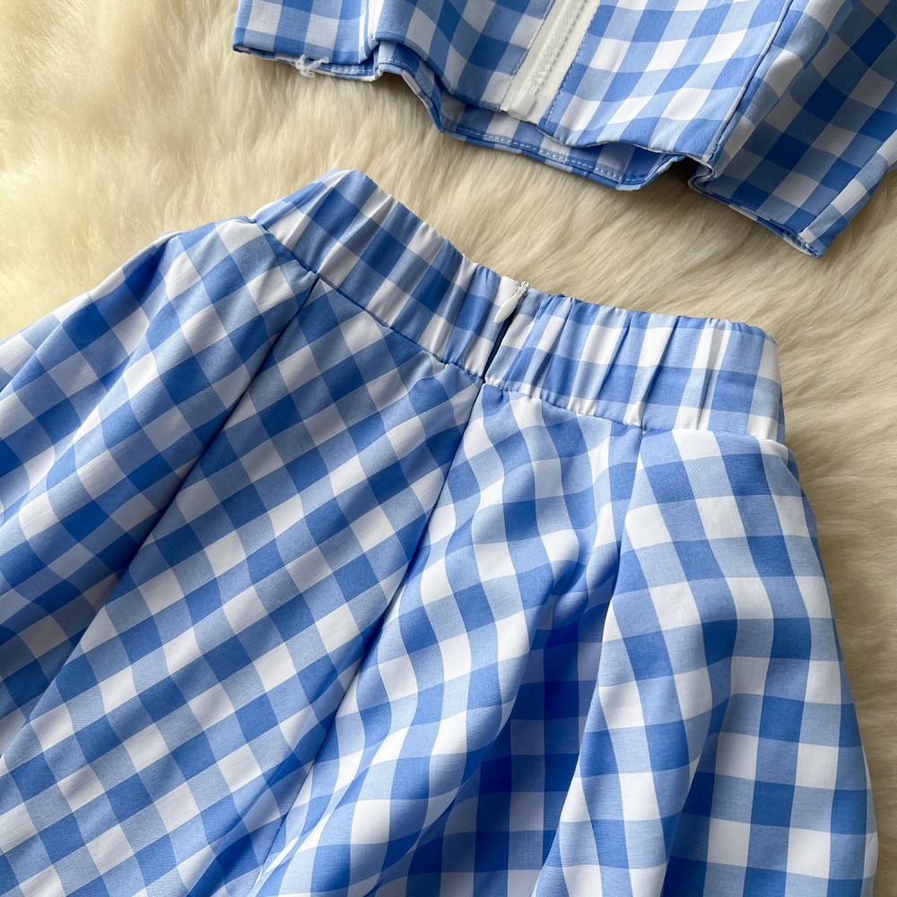 High waist summer plaid tops sweet big skirt skirt a set